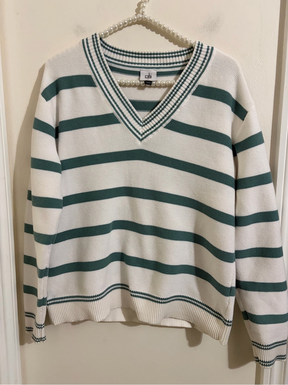 CAbi White & Green Striped V-Neck Sweater